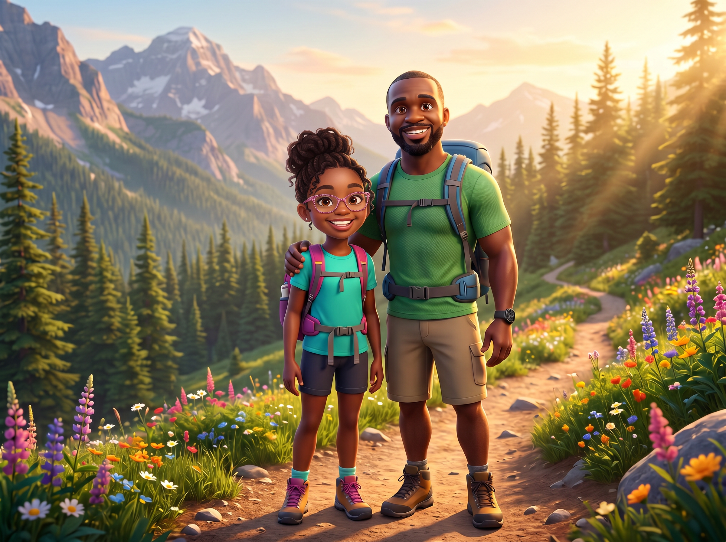 Father and daughter hiking a mountain trail